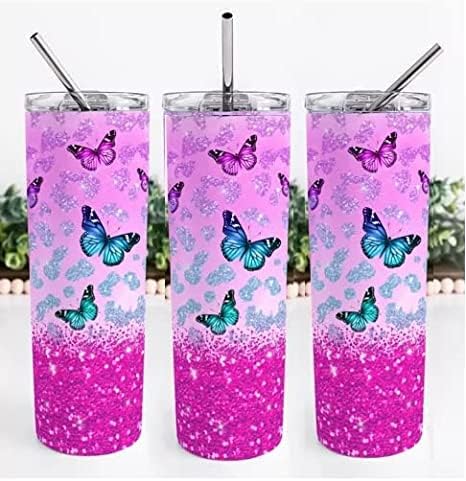 Pink Glitter Butterflies Butterfly 20oz Skinny Tumbler cup