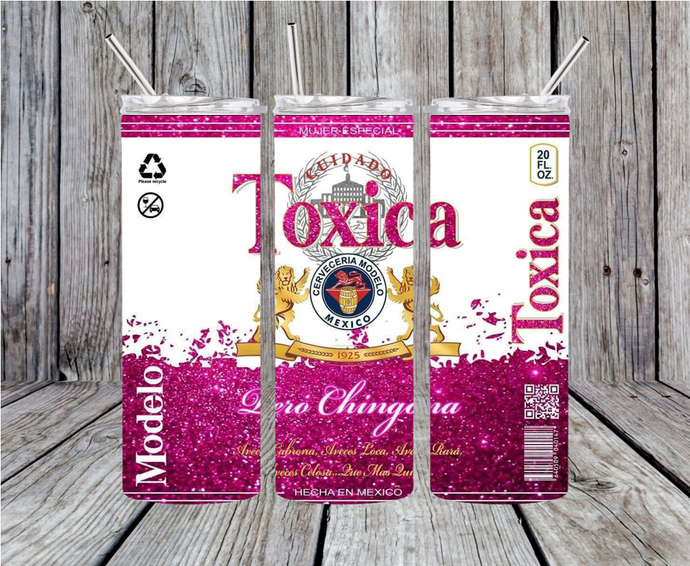 Fushia Glitter Toxica 20oz Skinny Stainless Steel Tumbler